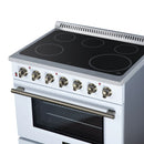 White freestanding electric range with four-burner black radiant cooktop and brass knobs.