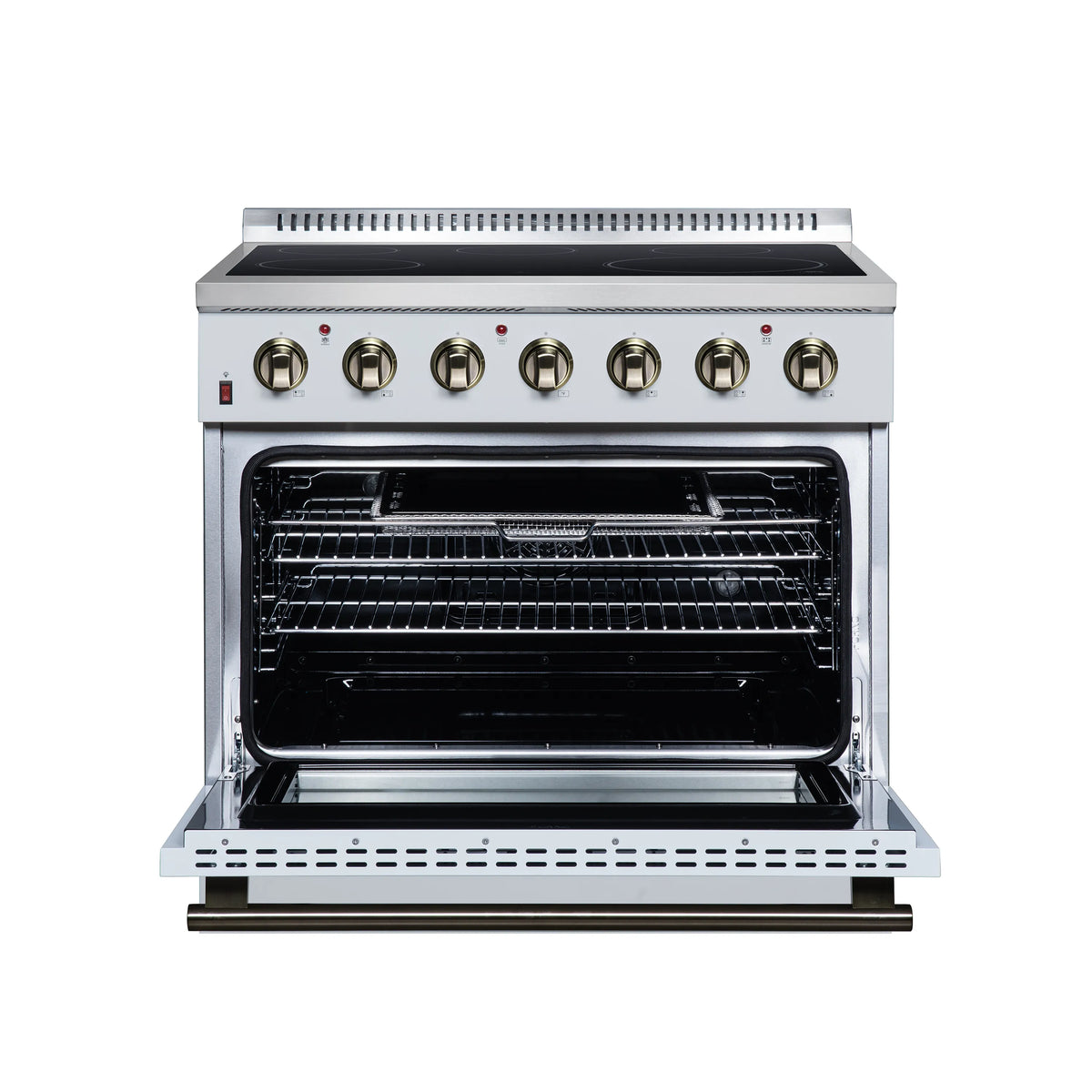 White electric range with open oven door showing wire racks inside