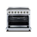 White electric range with open oven door showing wire racks inside