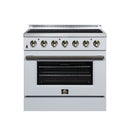 White electric range with 8 control knobs, black glass oven door, and warming top