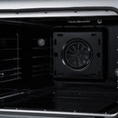 Electric range oven interior with convection fan cover and metal heating panels