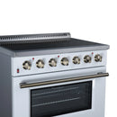 White electric range top controls with brass-toned knobs and oven viewing window