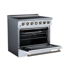 White electric range with open oven door and interior racks