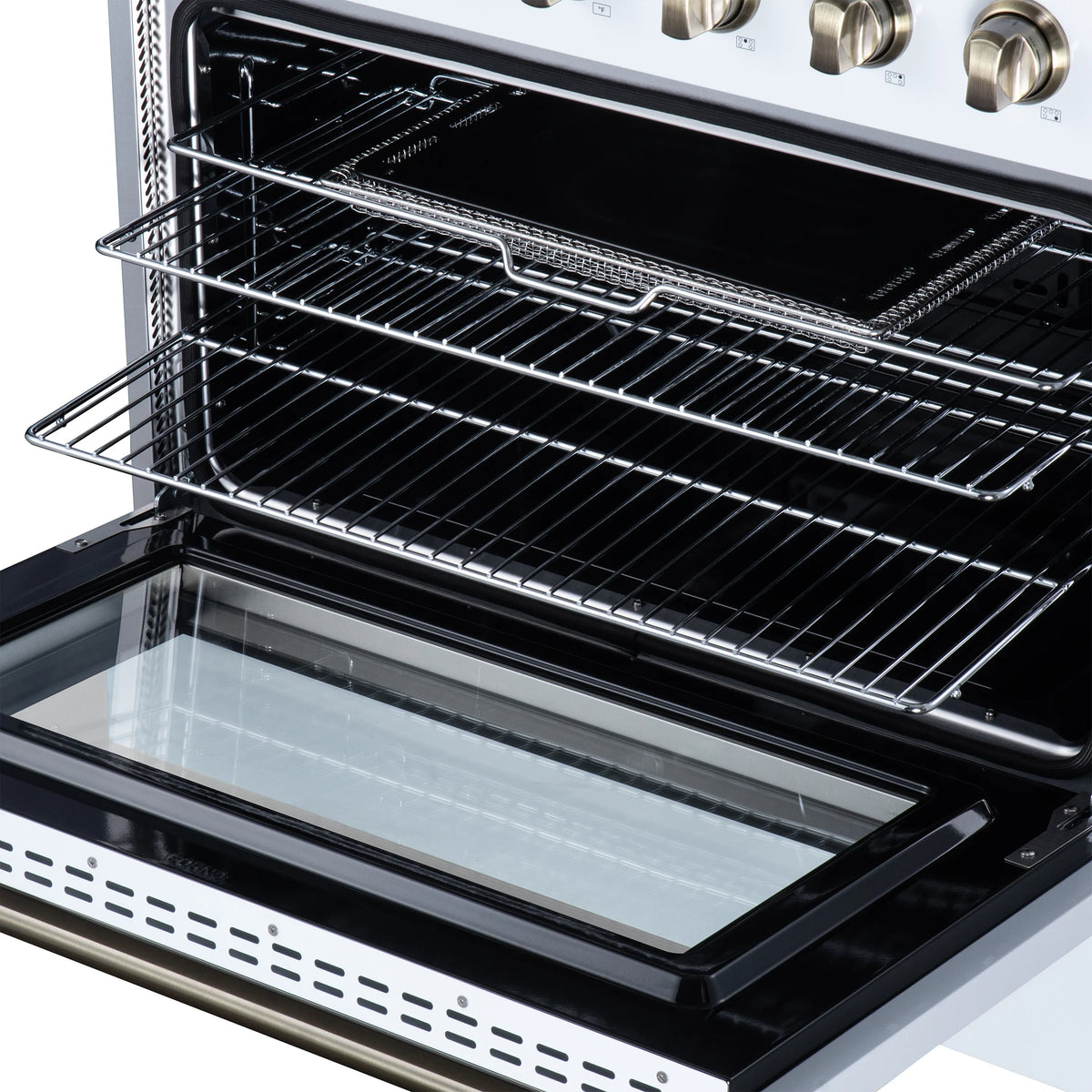 Electric range oven with metal wire rack and heating element bars inside