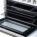 Electric range oven with metal wire rack and heating element bars inside