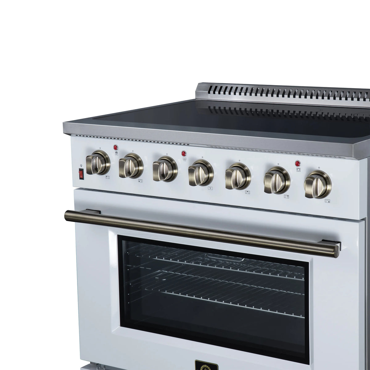White electric range with brass-toned knobs, griddle top, and oven window