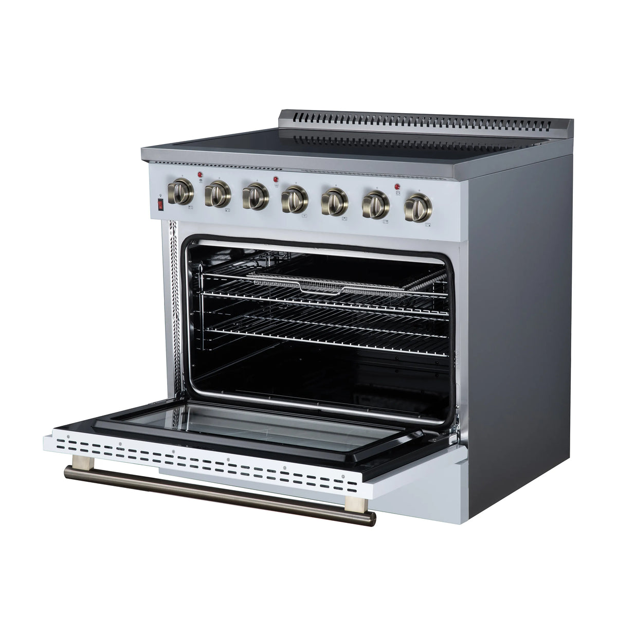 White freestanding electric range with open oven door and radiant cooktop, brass knobs.