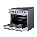 White freestanding electric range with open oven door and radiant cooktop, brass knobs.