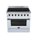 White freestanding electric range with black radiant cooktop and brass-finish knobs.