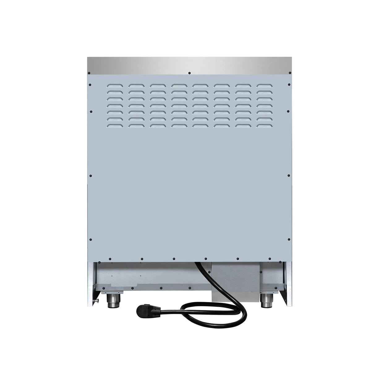 Black electric range back panel with ventilation grille and power cord outlet