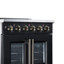 Black electric range with radiant burner control knobs and twin glass oven windows