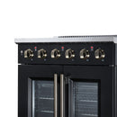 Black electric range with radiant burner control knobs and French-door oven exterior