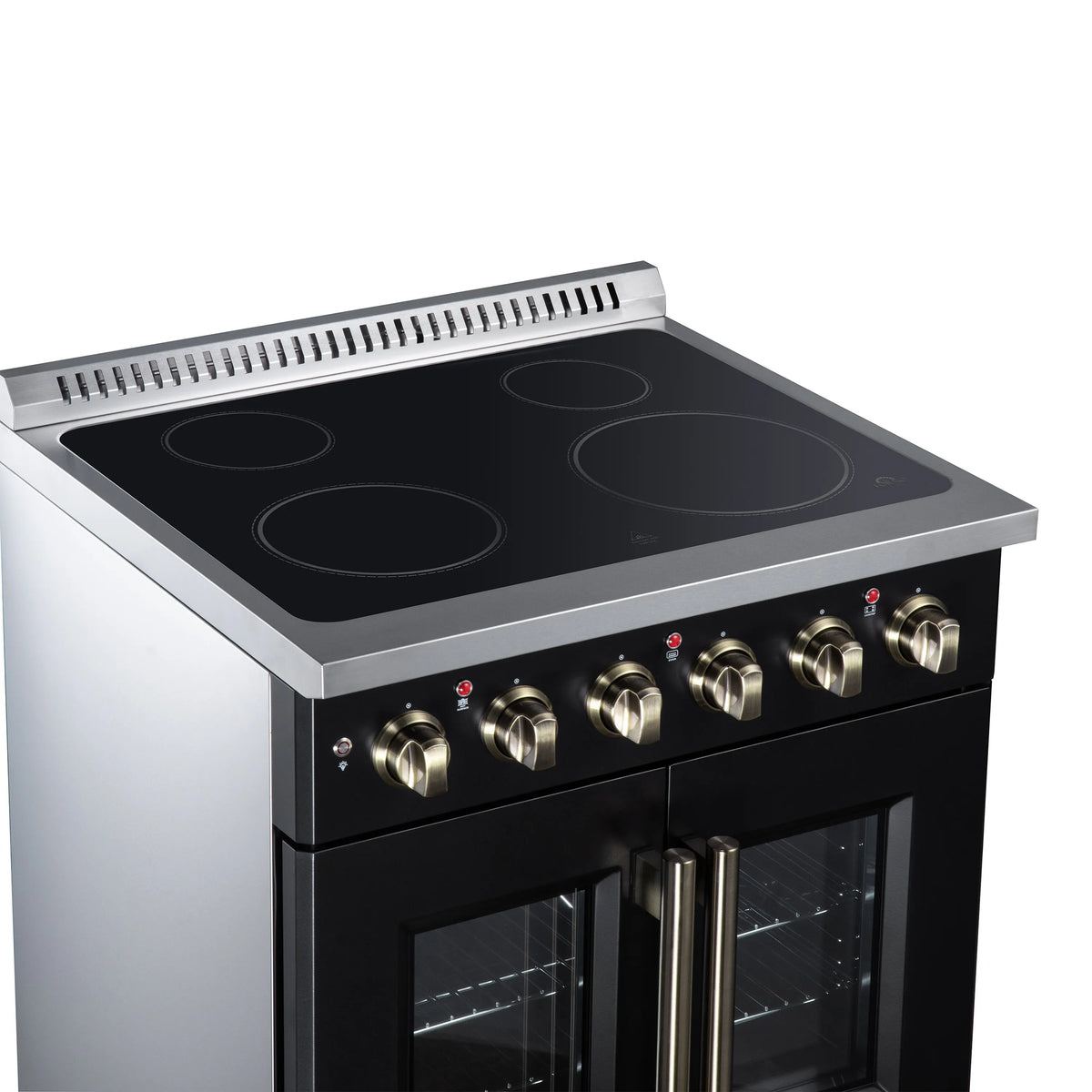 Black electric range with glass radiant cooktop, brass knobs, and dual oven doors