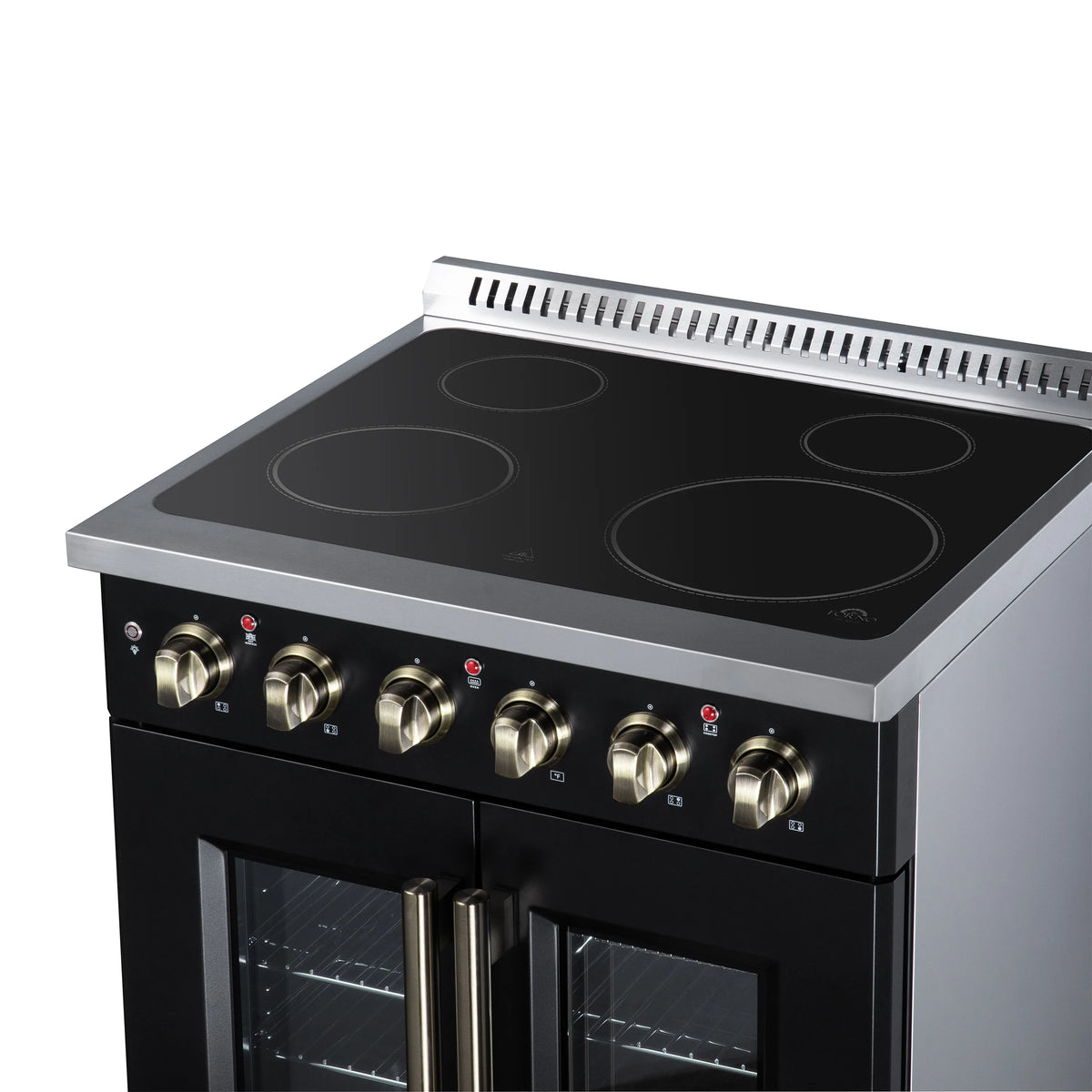 Black electric range with radiant cooktop and brass control knobs, French-door ovens