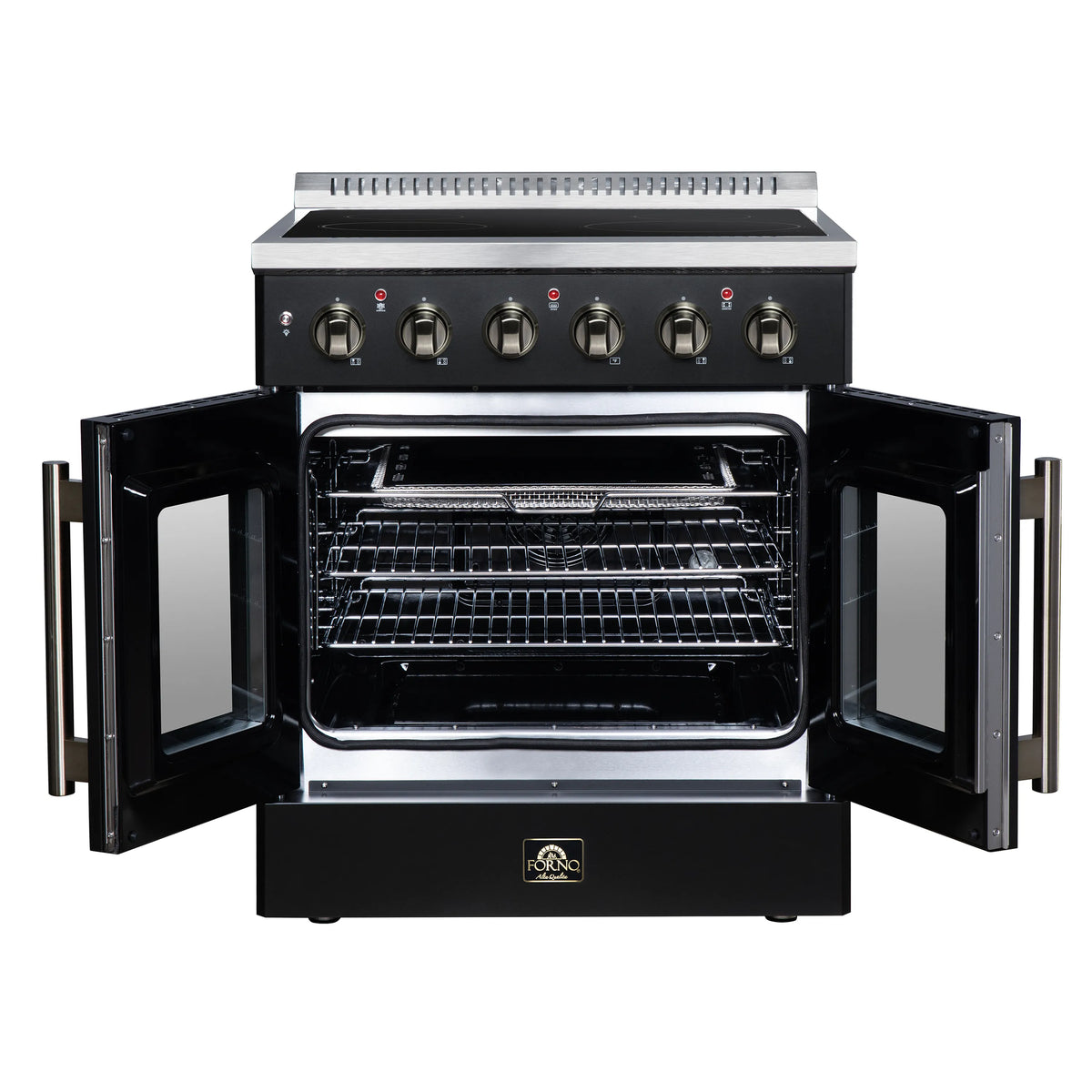 French-door oven open to show wire racks and heating cavity inside the black range