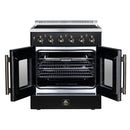 French-door oven open to show wire racks and heating cavity inside the black range