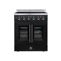 FORNO Galiano 30-Inch French Door Electric Range with 4 Radiant Burners, 4.32 Cu. Ft. True Convection Oven, Air Fryer Kit in Black with Antique Brass Trim (FFSEL6917-30BLK)