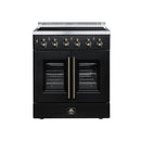 Black electric range with French-door oven, brass handle and top control panel