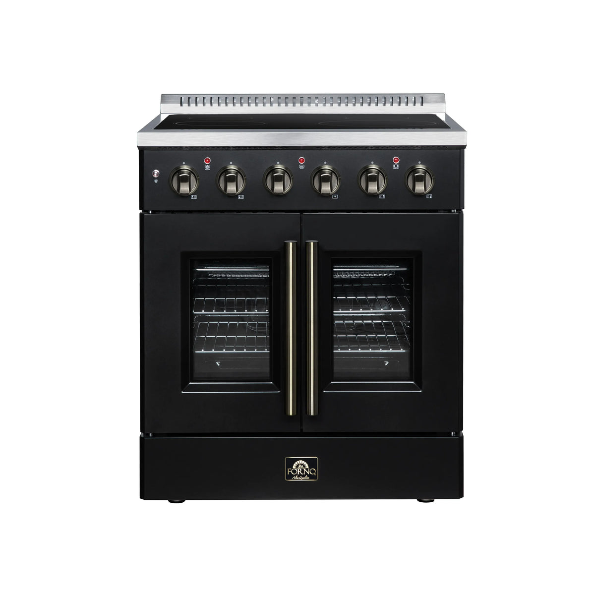 FORNO Galiano 30-Inch French Door Electric Range with 4 Radiant Burners, 4.32 Cu. Ft. True Convection Oven, Air Fryer Kit in Black with Antique Brass Trim (FFSEL6917-30BLK)