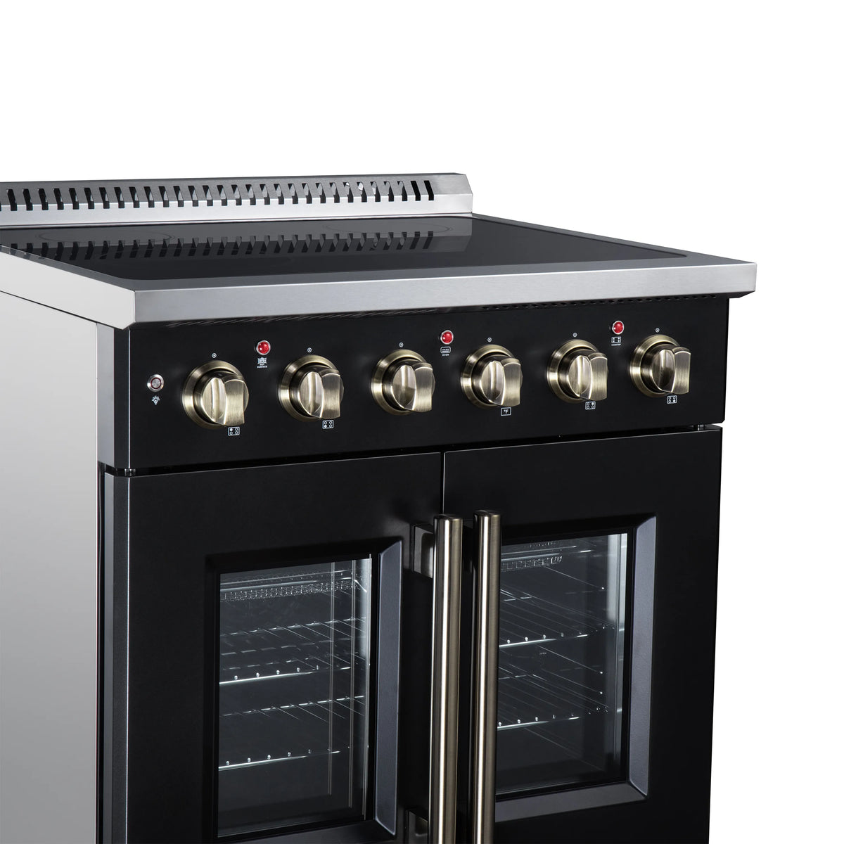 Black electric range control panel with radiant burner grates and brass rotary knobs