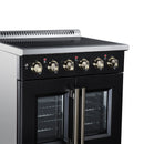 Black electric range control panel with radiant burner grates and brass rotary knobs