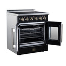 French-door electric range with oven door open, showing racks inside the cooking chamber