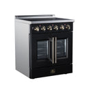 Black electric range with radiant cooktop, brass knobs, and two stacked oven doors
