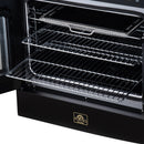 Black convection oven with wire rack shelves and a visible heating area at the top