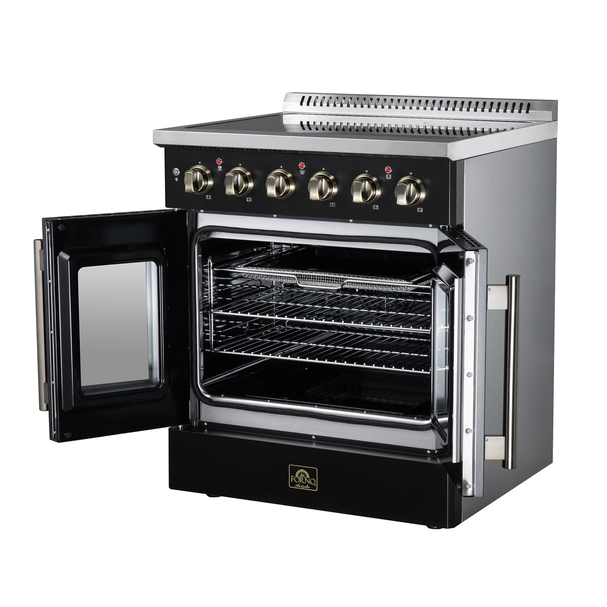 Black electric convection range with open oven door showing racks and radiant control panel