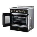 Black electric convection range with open oven door showing racks and radiant control panel