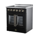 Black electric range with French-door convection oven and radiant burner control knobs