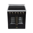 Black electric range with glass radiant cooktop, control knobs, and two oven doors