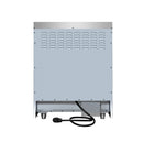 Back panel of a white electric range with vented grille and power cord