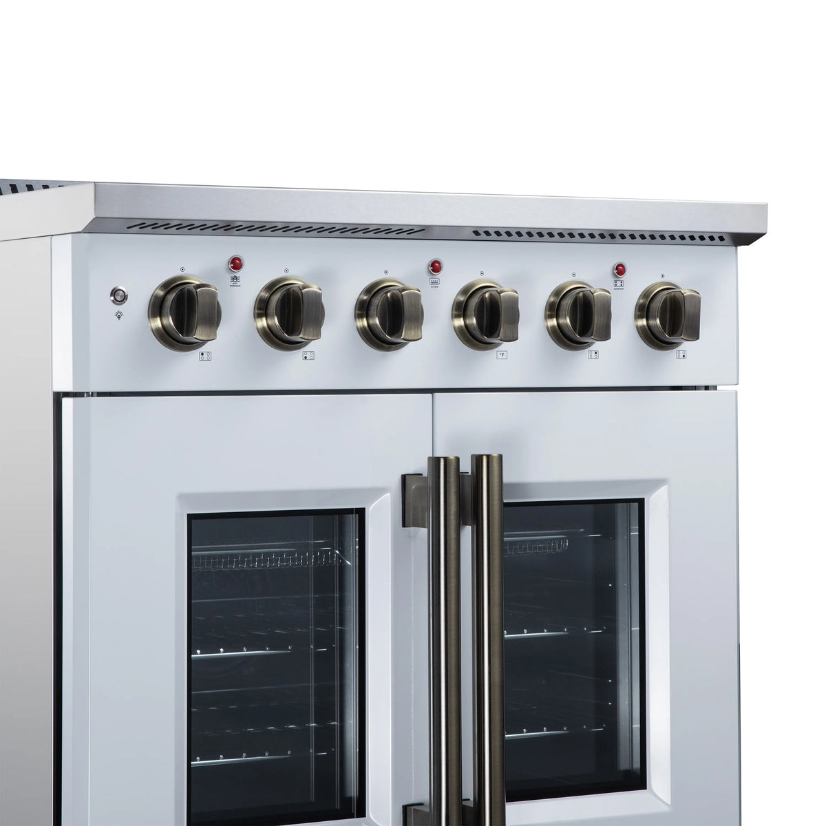 White electric range front with six cooktop knobs and two glass oven doors