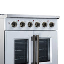 White electric range front with six cooktop knobs and two glass oven doors