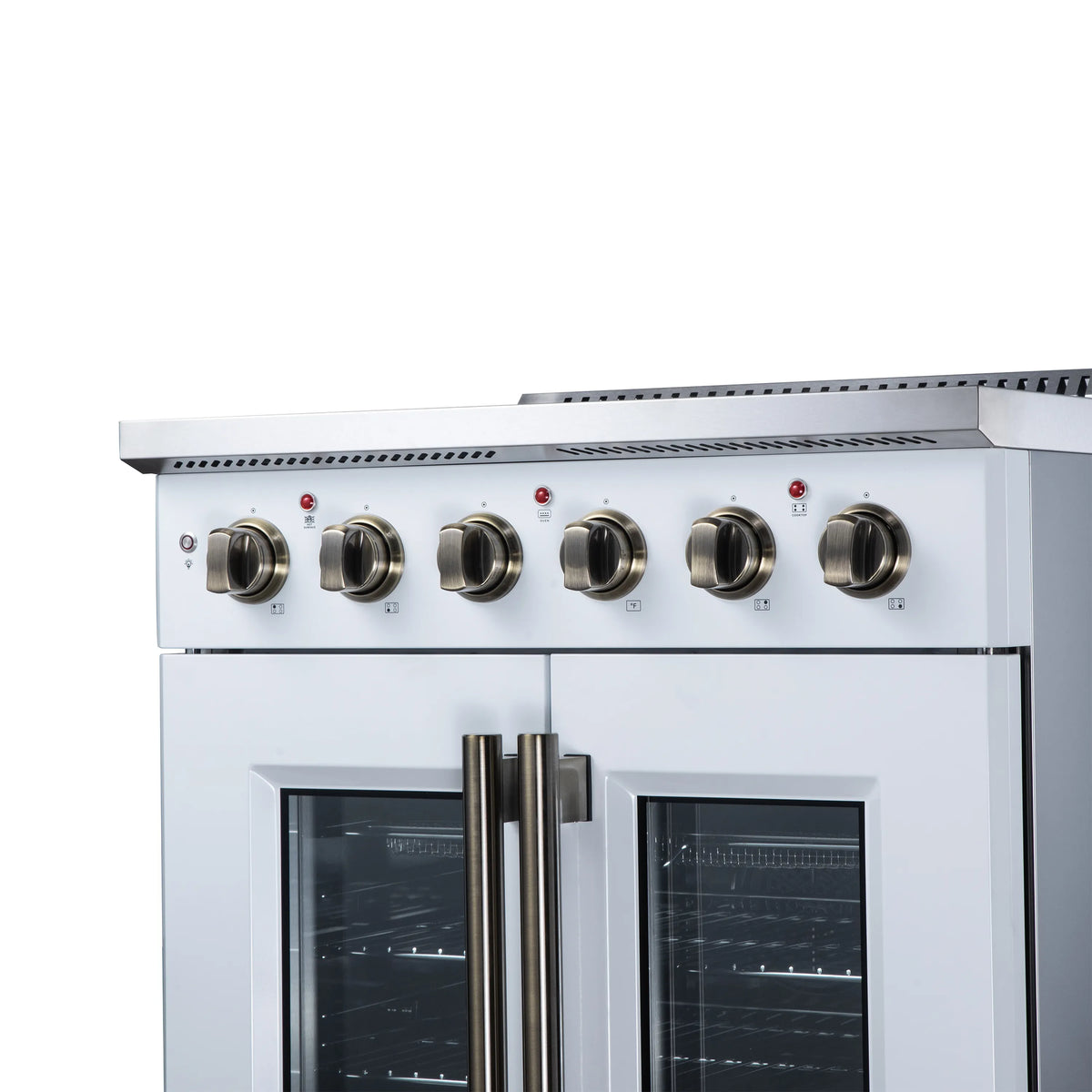 White electric range control panel with knobs above two glass oven doors
