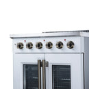 White electric range control panel with knobs above two glass oven doors