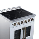White electric range with black radiant cooktop and two glass oven doors