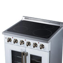 White electric range with black glass radiant cooktop and six metal control knobs