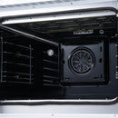Open convection oven with black interior fan and wire rack inside