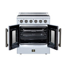 White electric range with both oven doors open, showing black interior