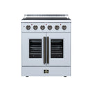 White electric range with six metal cooktop knobs and double oven doors