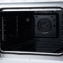 Open oven with black fan housing and side rack guides