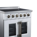 White electric range top view with six metal knobs and two oven windows