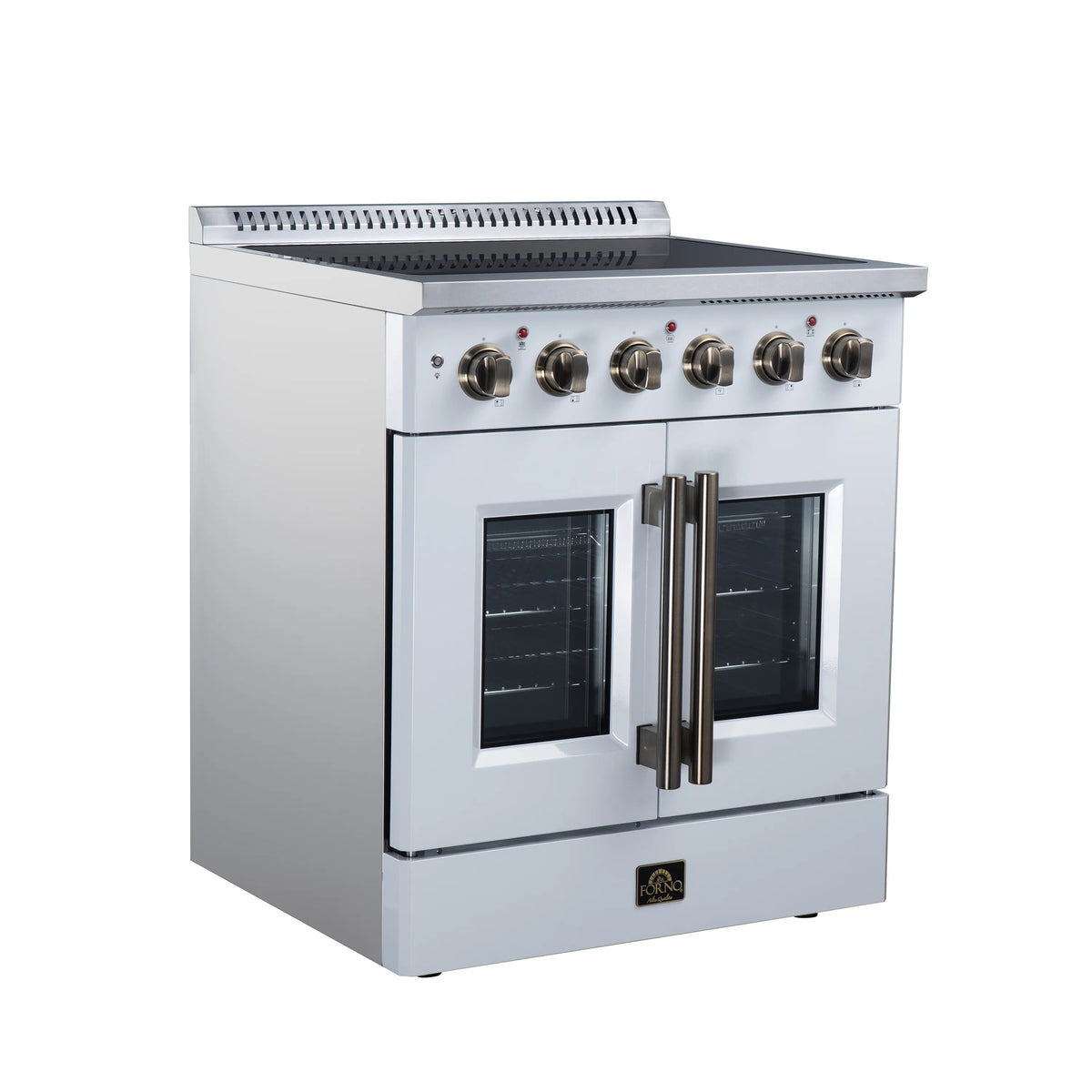 White electric range with six metal cooktop knobs and two oven windows