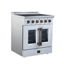 White electric range with six metal cooktop knobs and two oven windows