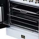 Black oven interior with wire racks and bake element in electric range