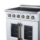 White electric range with four radiant cooktop knobs and double glass oven doors