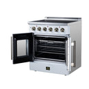White electric range with oven doors open, showing empty rack inside