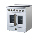 White electric range with black cooktop, six knobs, and double oven doors